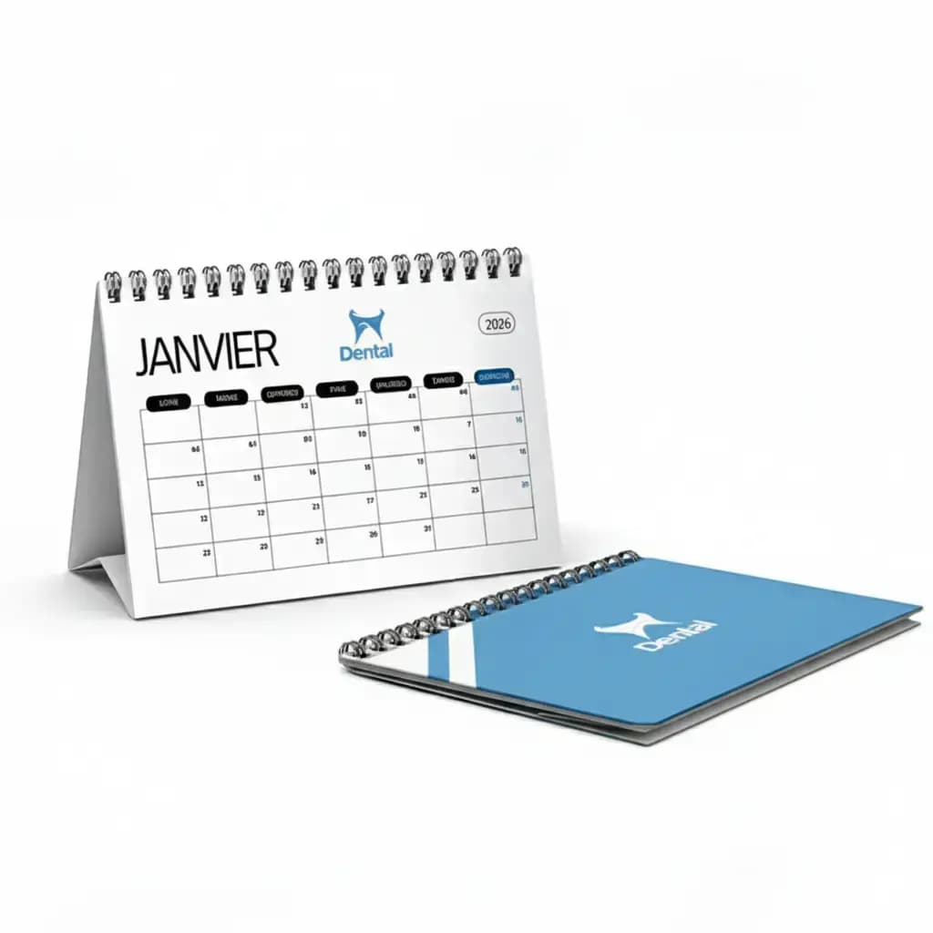 Bureaukalender met wire-o en uitvouwbare steun bedrukt